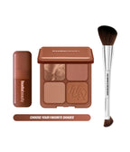 Huda Beauty Sunkissed Kit packshot with a Blush Filter Liquid Blush bottle, a Bronze Filter Palette and a dual ended brush, with text 'Choose your favorite shades'
