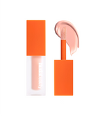 Huda Beauty FauxFilter Color Corrector Mini in Cherry Light, product shot of the travel-size bottle and applicator with a swatch on a white background