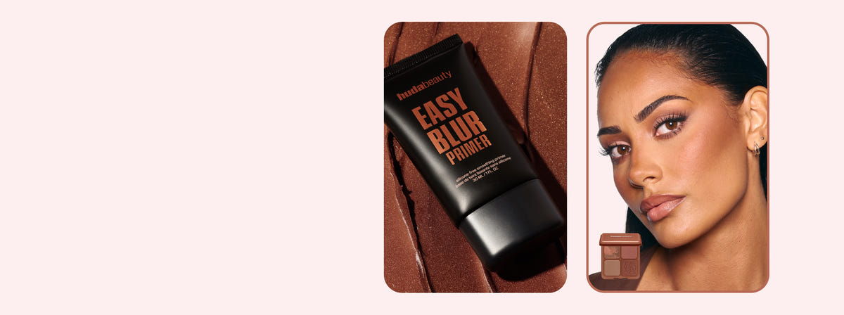 Huda Beauty promotional banner for the Bronze Filter gift with a framed Easy Blur Primer tube photo and a framed model portrait on a pale pink background