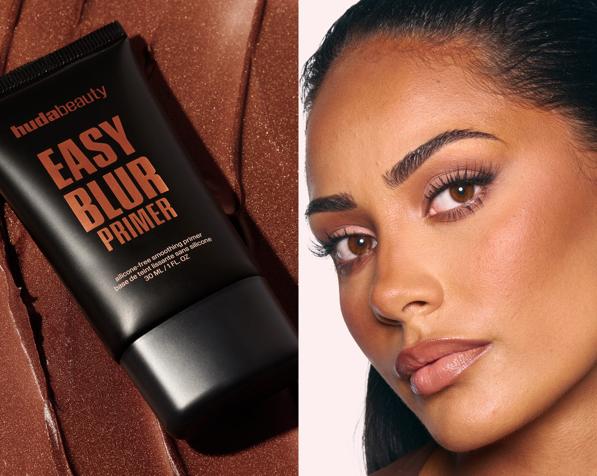 Huda Beauty Bronze Filter gift banner showing an Easy Blur Primer tube on shimmery brown cream beside a close-up portrait of a model