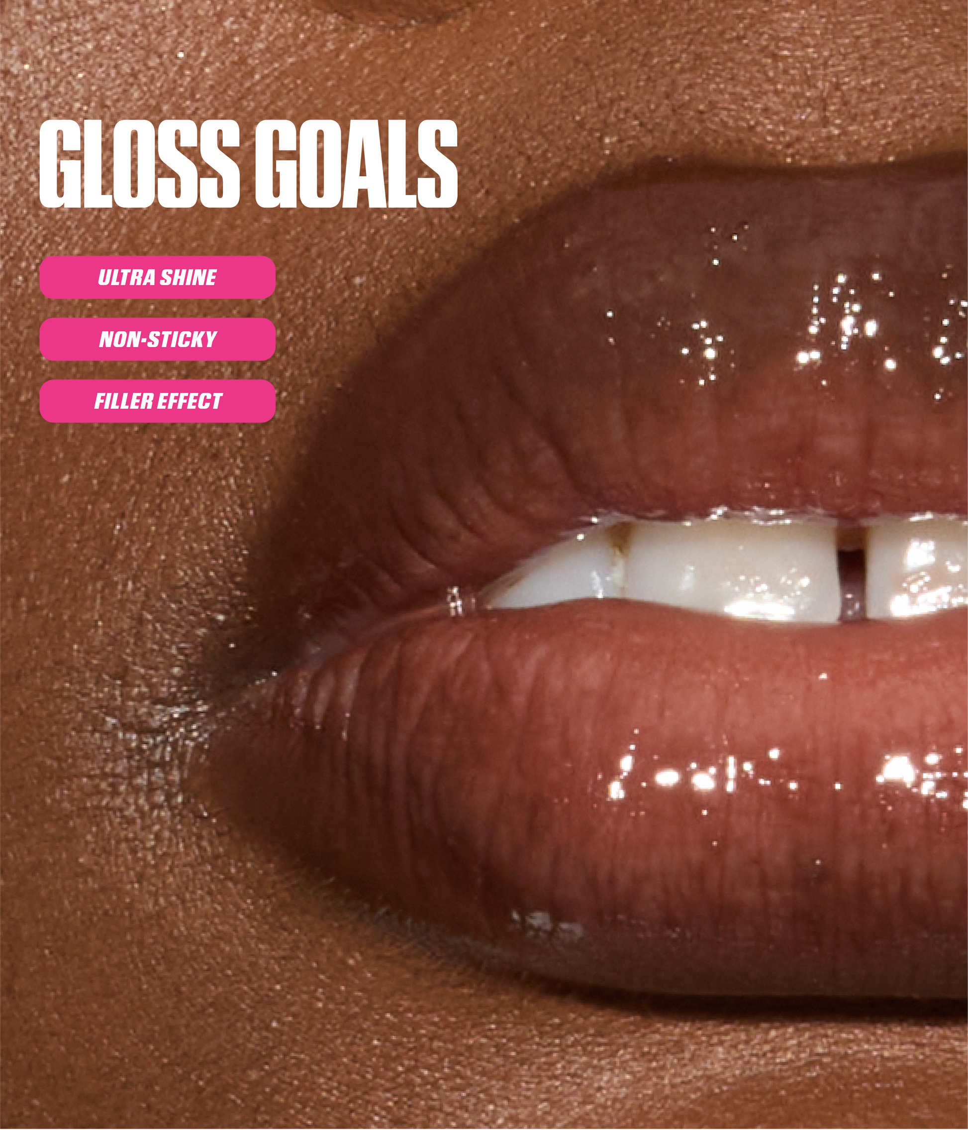 FAUX FILLER Extra Shine Lip Gloss glossy lips close-up with "Gloss Goals", Ultra Shine, Non-Sticky and Filler Effect text