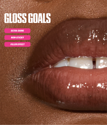 FAUX FILLER Extra Shine Lip Gloss glossy lips close-up with "Gloss Goals", Ultra Shine, Non-Sticky and Filler Effect text
