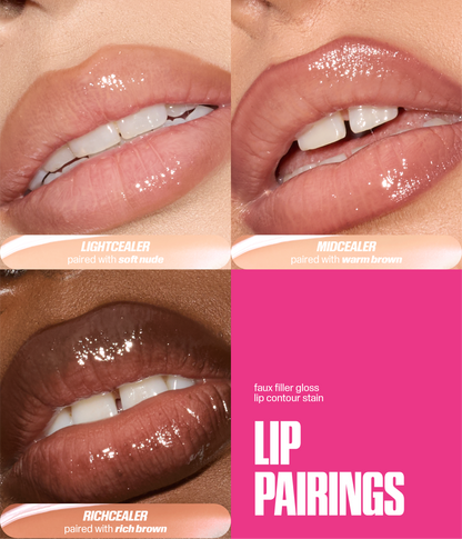 FAUX FILLER Extra Shine Lip Gloss lip pairings showing LightCealer, MidCealer and RichCealer shades