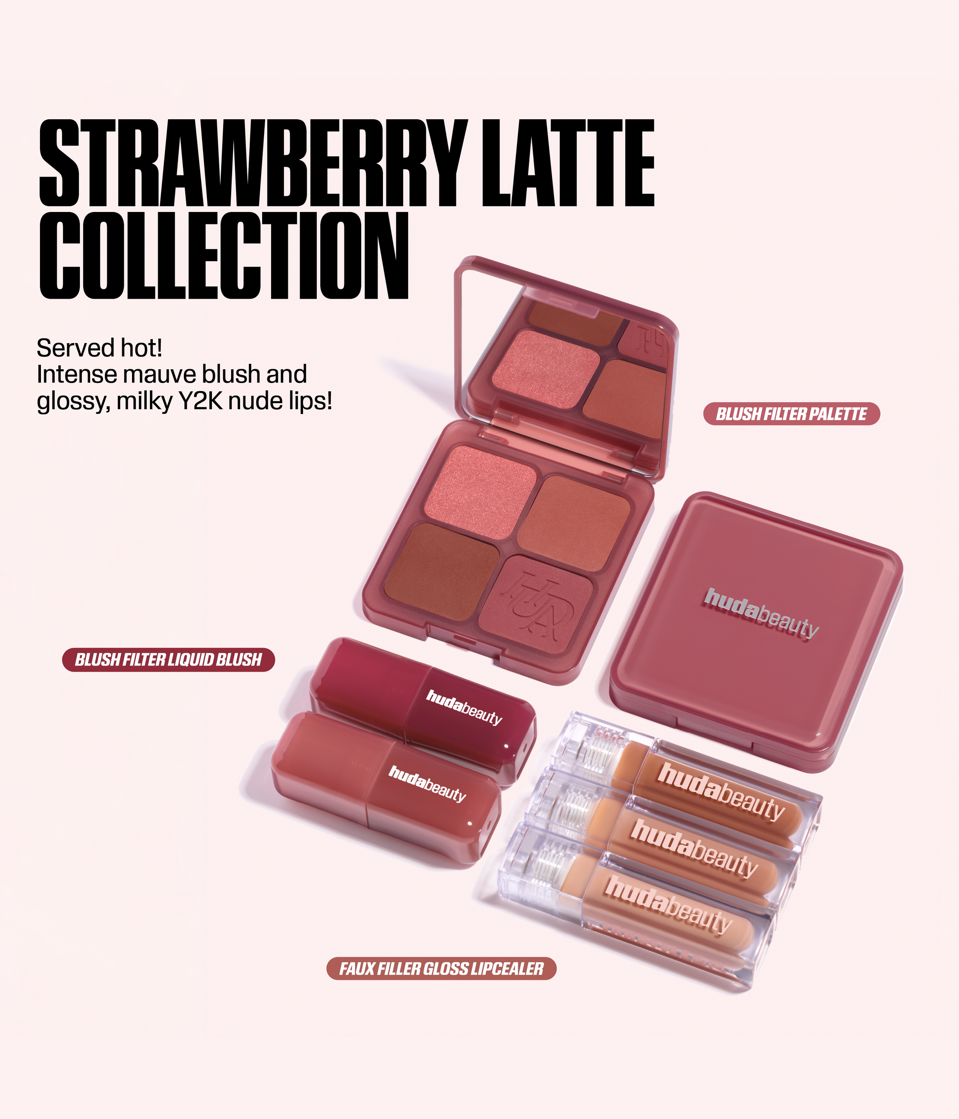 Huda Beauty Strawberry Latte Collection with blush palette, liquid blush, and lip glosses on a white background.