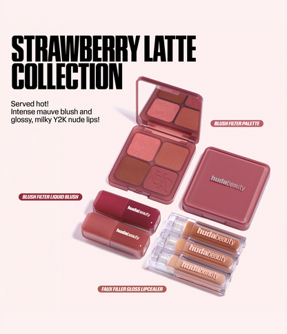 Huda Beauty Strawberry Latte Collection with blush palette, liquid blush, and lip glosses on a white background.