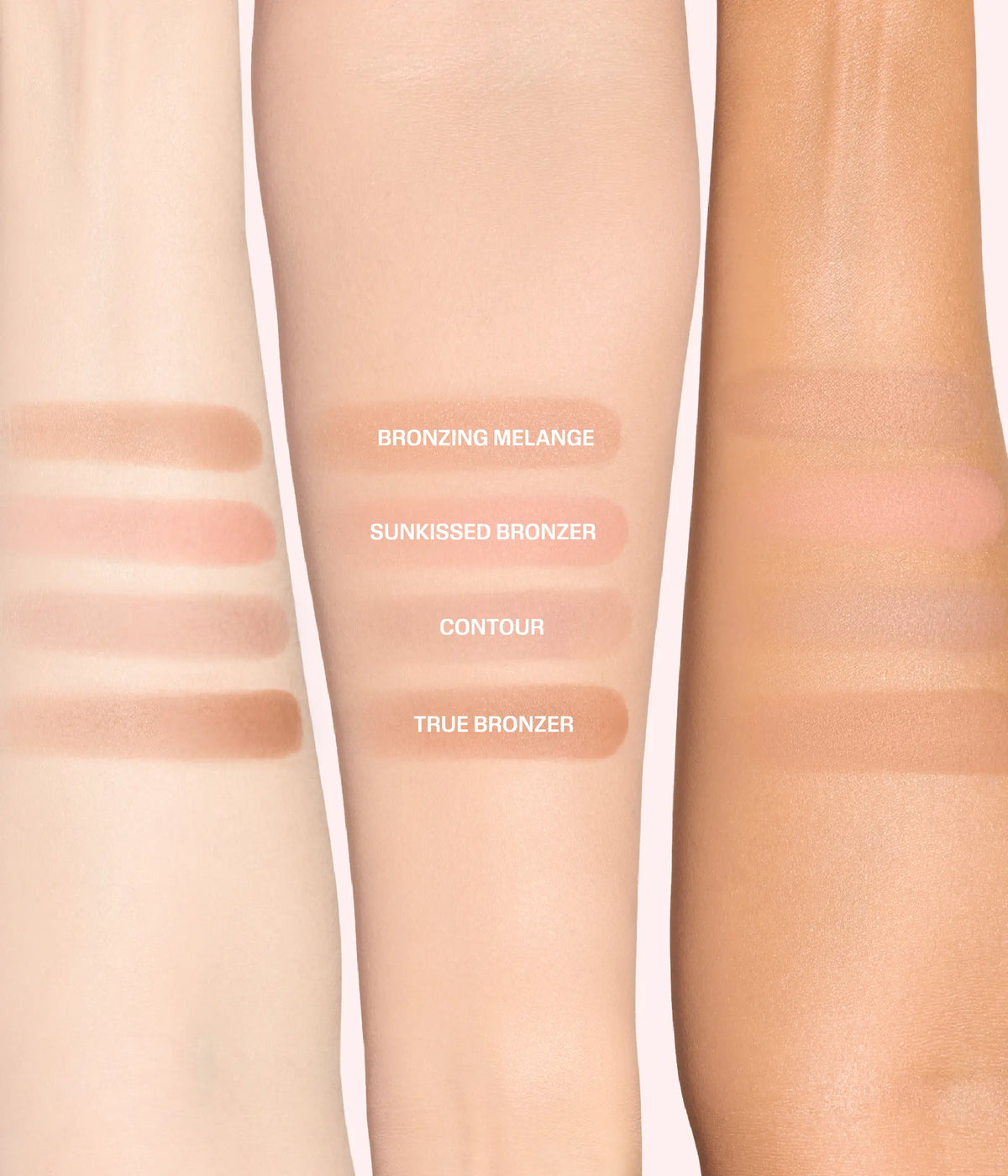 Huda Beauty Bronze Filter Palette in Light, arm swatches of Bronzing Melange, Sunkissed Bronzer, Contour and True Bronzer on three arms