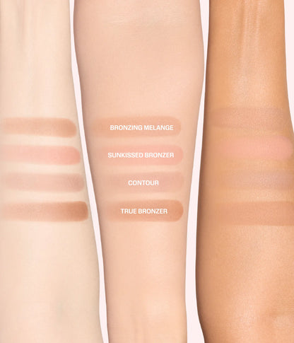 Huda Beauty Bronze Filter Palette in Light, arm swatches of Bronzing Melange, Sunkissed Bronzer, Contour and True Bronzer on three arms