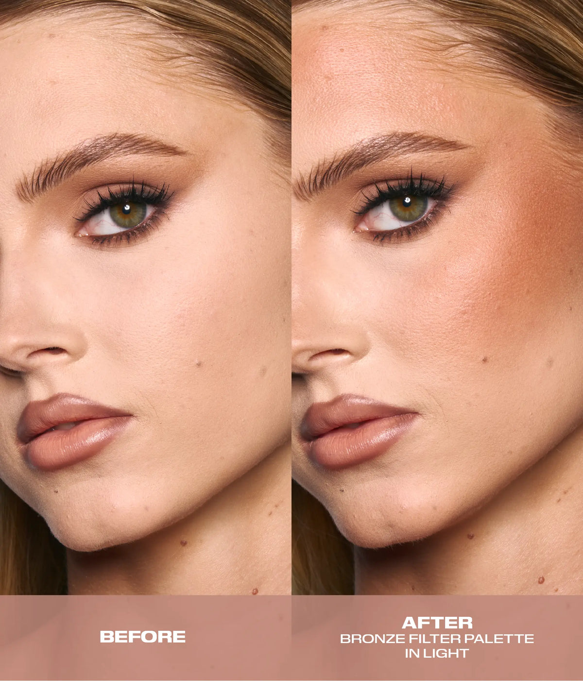 Huda Beauty Bronze Filter Palette in Light, before and after of model wearing it, labeled 'Before' and 'After Bronze Filter Palette in Light'