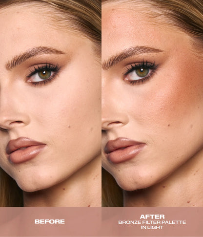 Huda Beauty Bronze Filter Palette in Light, before and after of model wearing it, labeled 'Before' and 'After Bronze Filter Palette in Light'