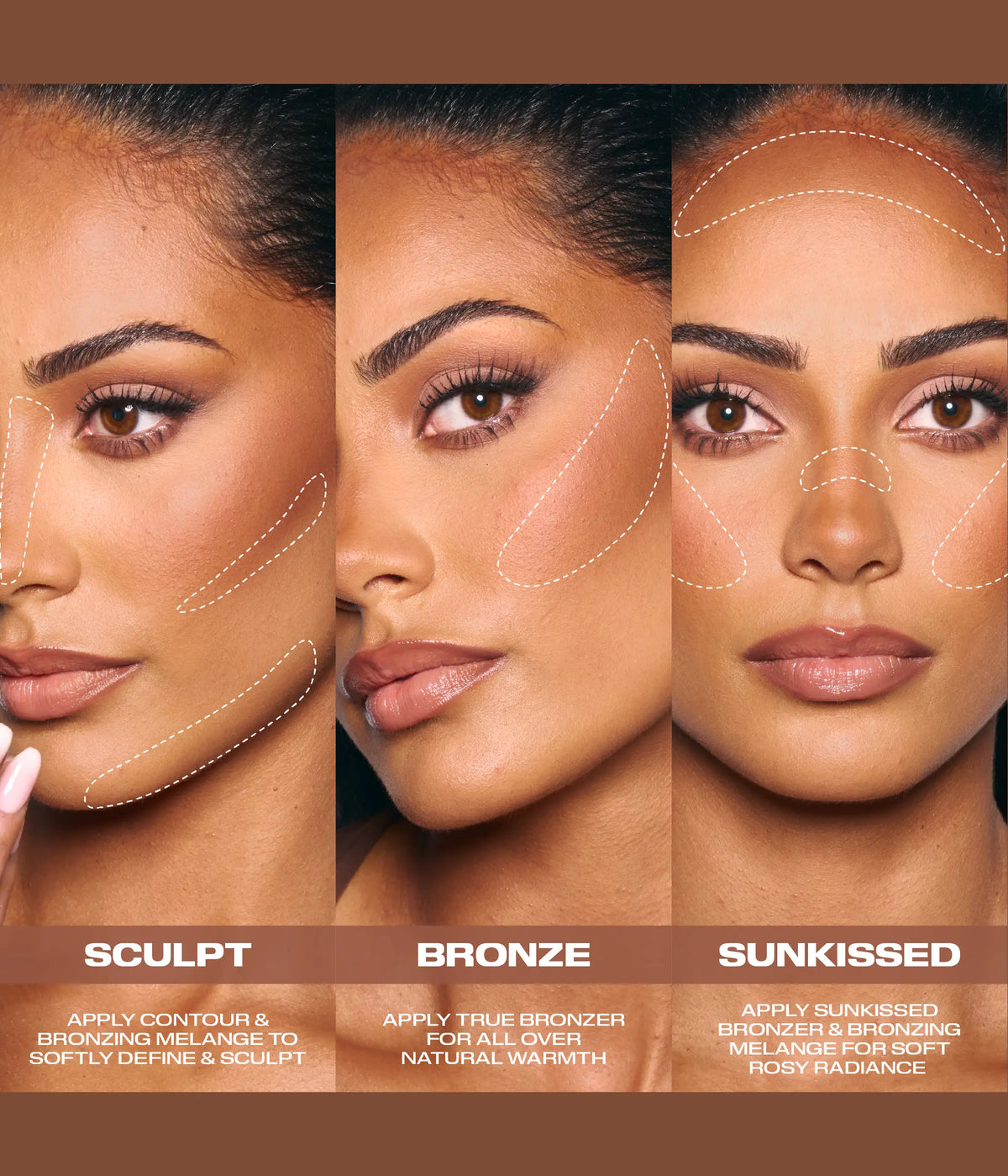 Huda Beauty Bronze Filter Palette bronze map with three close-ups of faces marked with placement lines: 'Sculpt', 'Bronze' and 'Sunkissed', each with application instructions