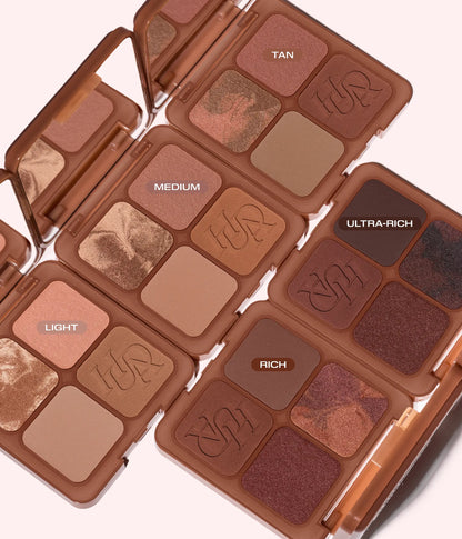 Huda Beauty Bronze Filter Palette full collection, five open palettes labeled 'Light', 'Medium', 'Tan', 'Rich' and 'Ultra-Rich'