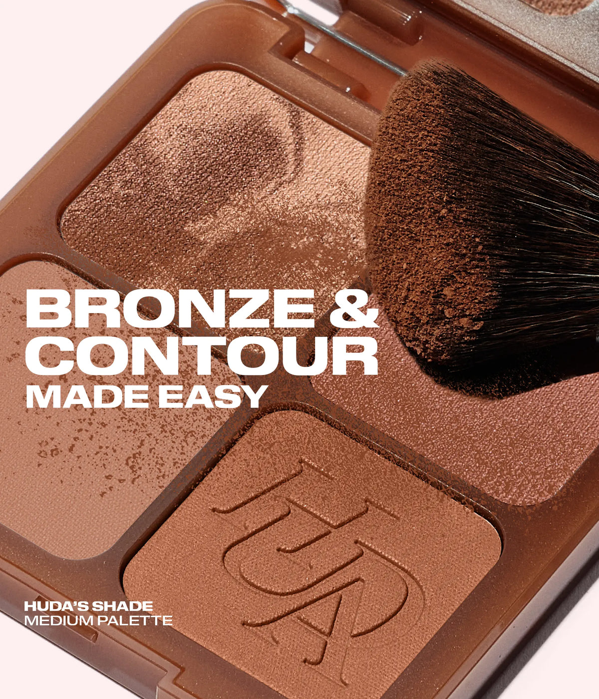 Huda Beauty Bronze Filter Palette close-up with a bronzing brush, with text 'Bronze and contour made easy' and 'Huda's shade, Medium palette'
