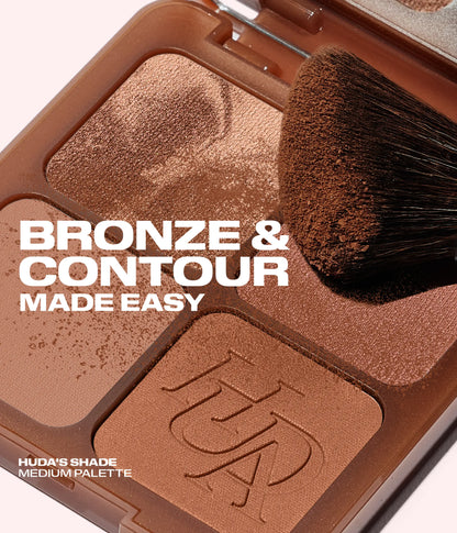 Huda Beauty Bronze Filter Palette close-up with a bronzing brush, with text 'Bronze and contour made easy' and 'Huda's shade, Medium palette'