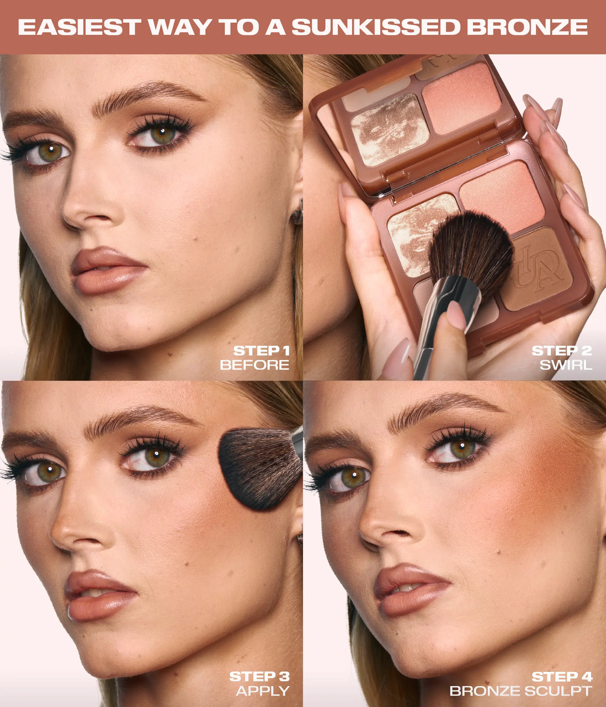 Huda Beauty Bronze Filter Palette in four steps on a model, 'Easiest way to a sunkissed bronze': 'Step 1 Before', 'Step 2 Swirl', 'Step 3 Apply' and 'Step 4 Bronze sculpt'