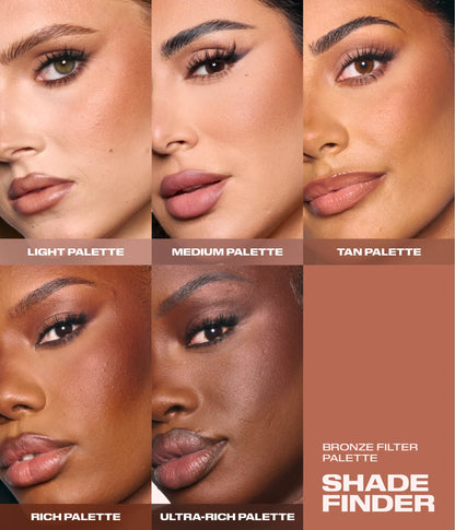 Huda Beauty Bronze Filter Palette shade finder showing five models wearing the Light, Medium, Tan, Rich and Ultra-Rich palettes