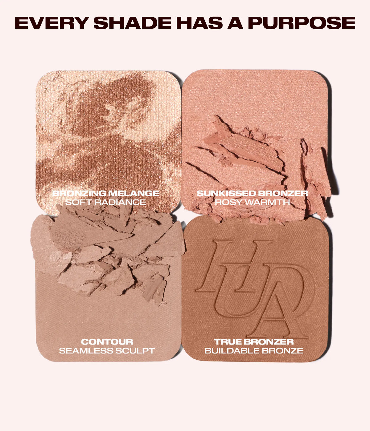 Huda Beauty Bronze Filter Palette in Light shade swatches under the heading 'Every shade has a purpose', labeled Bronzing Melange, Sunkissed Bronzer, Contour and True Bronzer