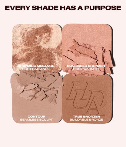Huda Beauty Bronze Filter Palette in Light shade swatches under the heading 'Every shade has a purpose', labeled Bronzing Melange, Sunkissed Bronzer, Contour and True Bronzer