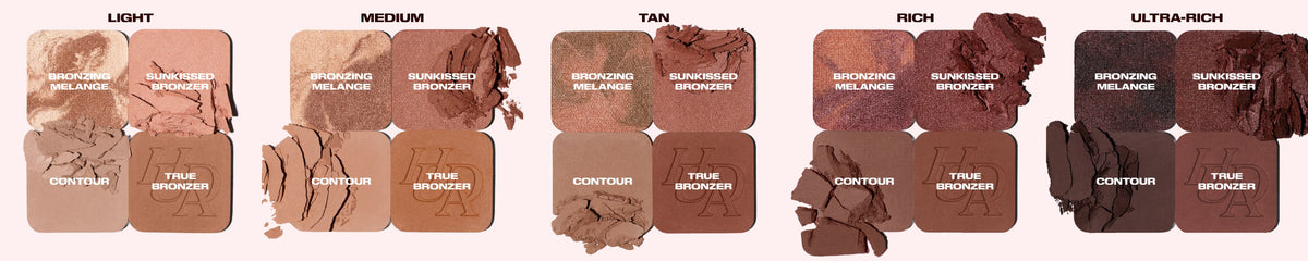 Huda Beauty Bronze Filter Palette shade range showing five palettes labeled 'Light', 'Medium', 'Tan', 'Rich' and 'Ultra-rich'