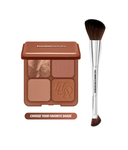 Huda Beauty Bronze Filter Palette with the dual ended bronzer and contour brush, with text 'Choose your favorite shade'