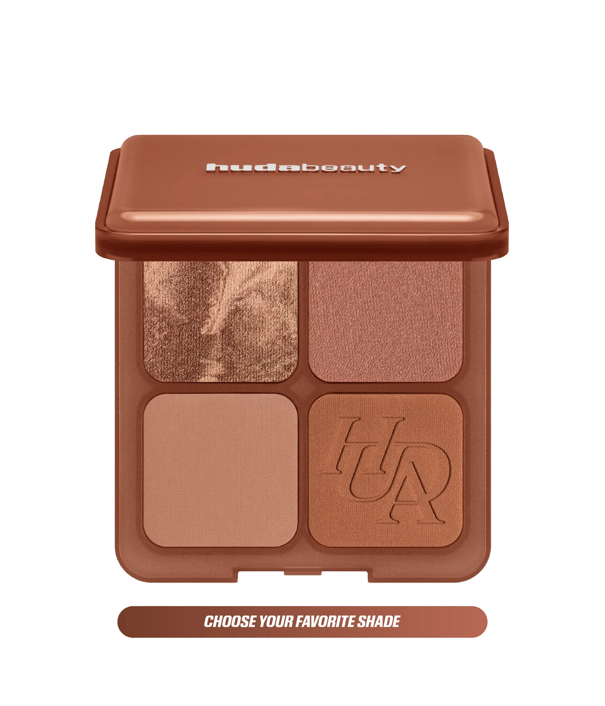 Huda Beauty Bronze Filter Palette packshot of the four pan bronzer palette, with text 'Choose your favorite shade'