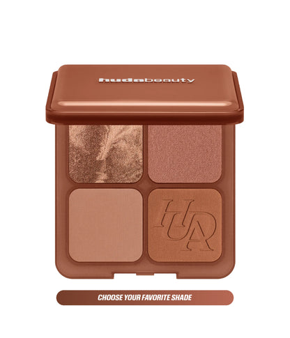 Huda Beauty Bronze Filter Palette packshot of the four pan bronzer palette, with text 'Choose your favorite shade'
