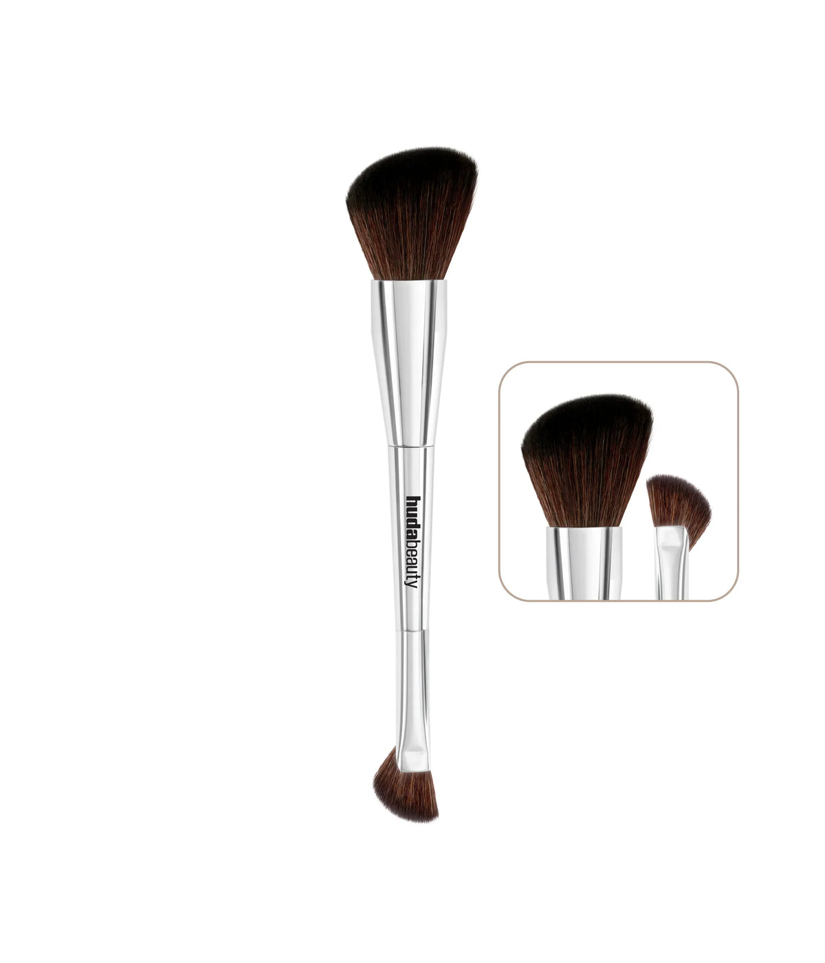 Huda Beauty Bronzer and Contour Brush, dual ended brush packshot with an inset showing both brush heads