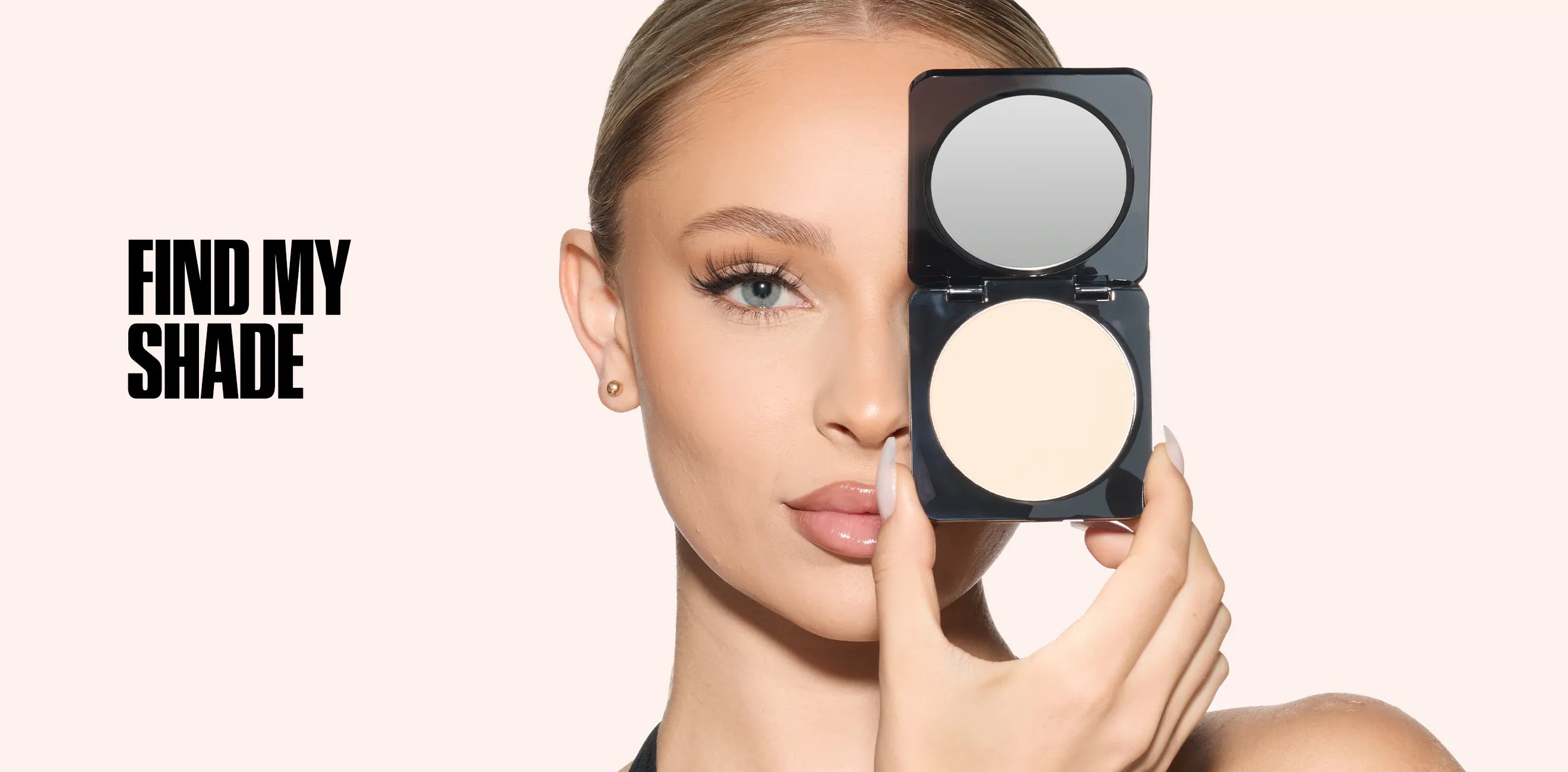 Easy Bake Pressed Powder image banner showing model holding the compact next to her face to find the matching shade, with “Find My Shade” on-image text