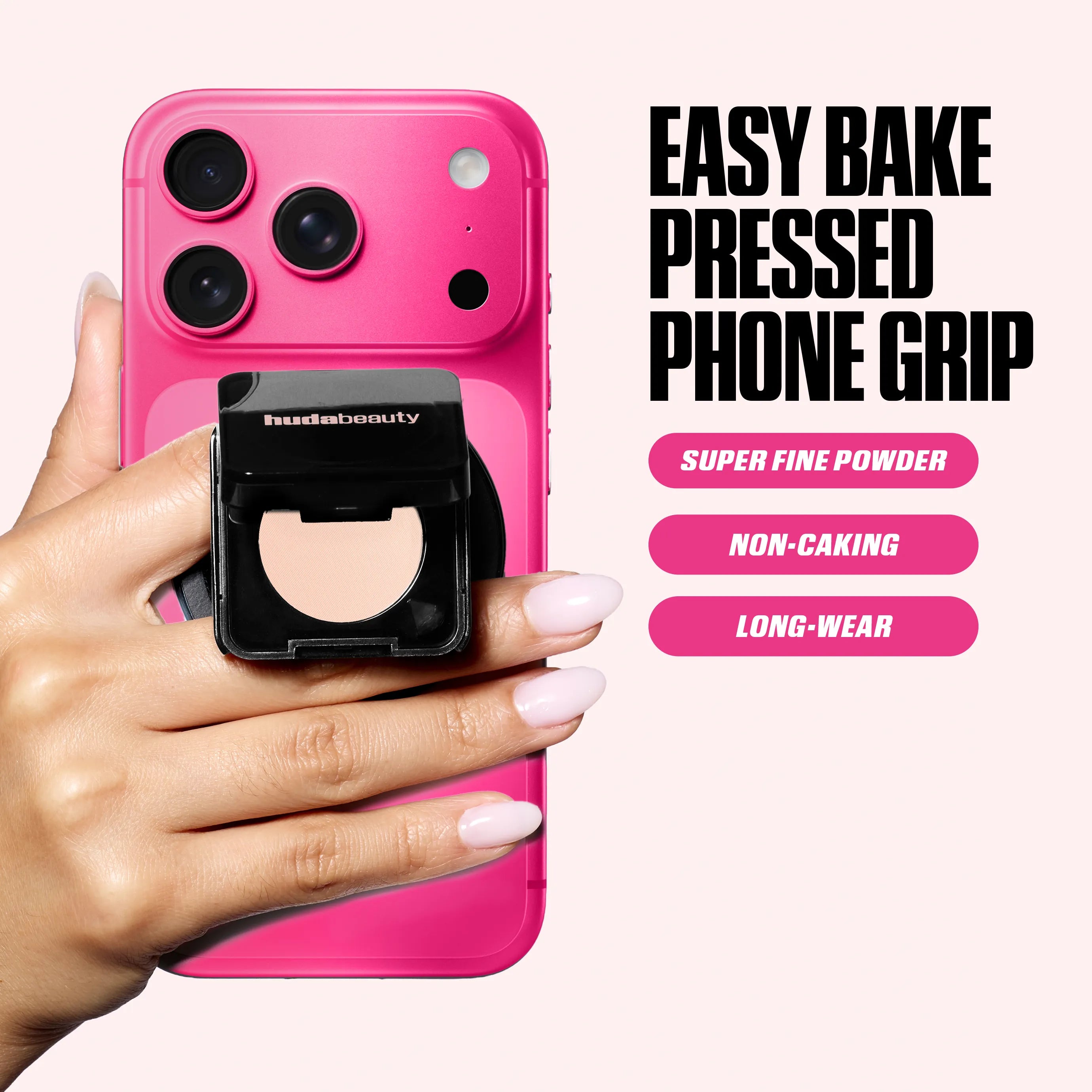 Easy Bake Pressed Phone Grip product image showing the pressed powder compact attached to a pink phone case with on-image text highlighting super fine powder, non-caking, and long-wear