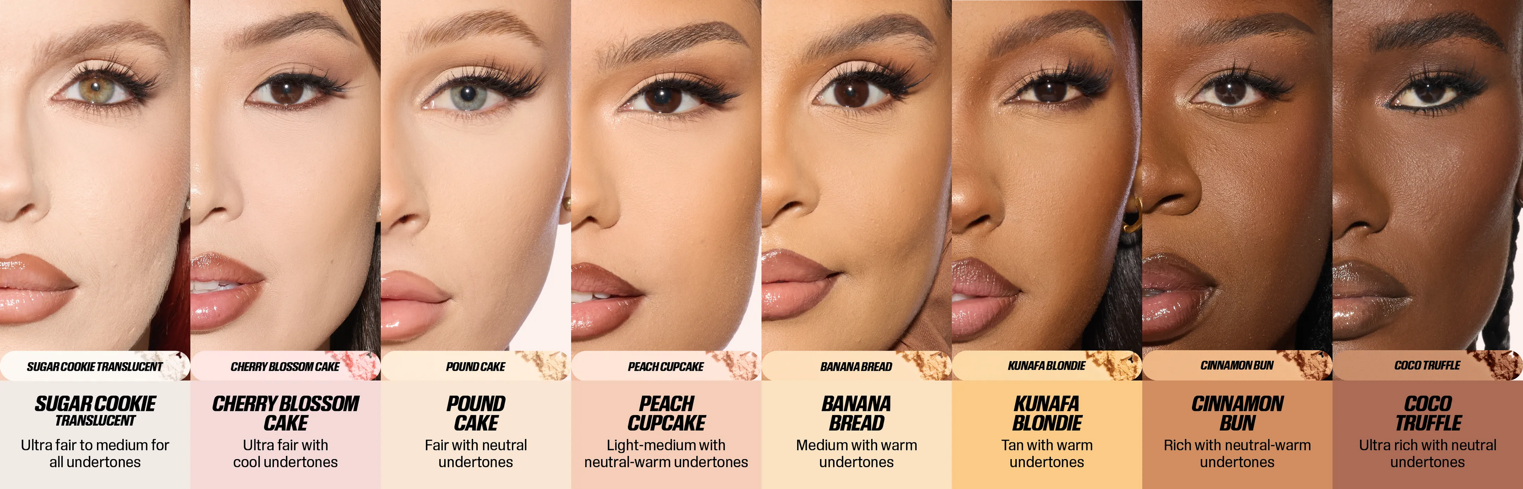 Easy Bake Pressed Powder shade range shown on different skin tones