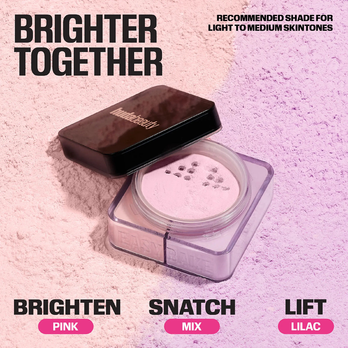 Easy Bake Duo Loose Powder – Brighten Pink, Snatch Mix, Lift Lilac shades on powder-textured background