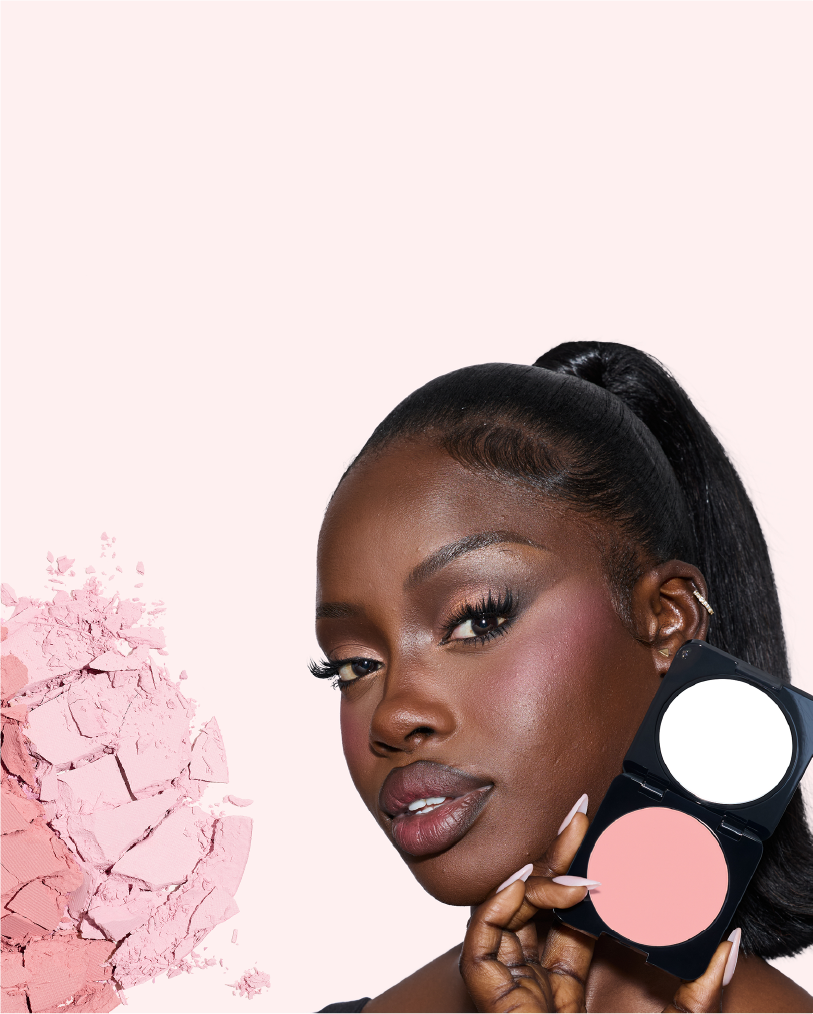 Huda Beauty model holding an open Easy Bake Pressed Powder compact beside her face with crumbled pink powder behind her, find your shade banner