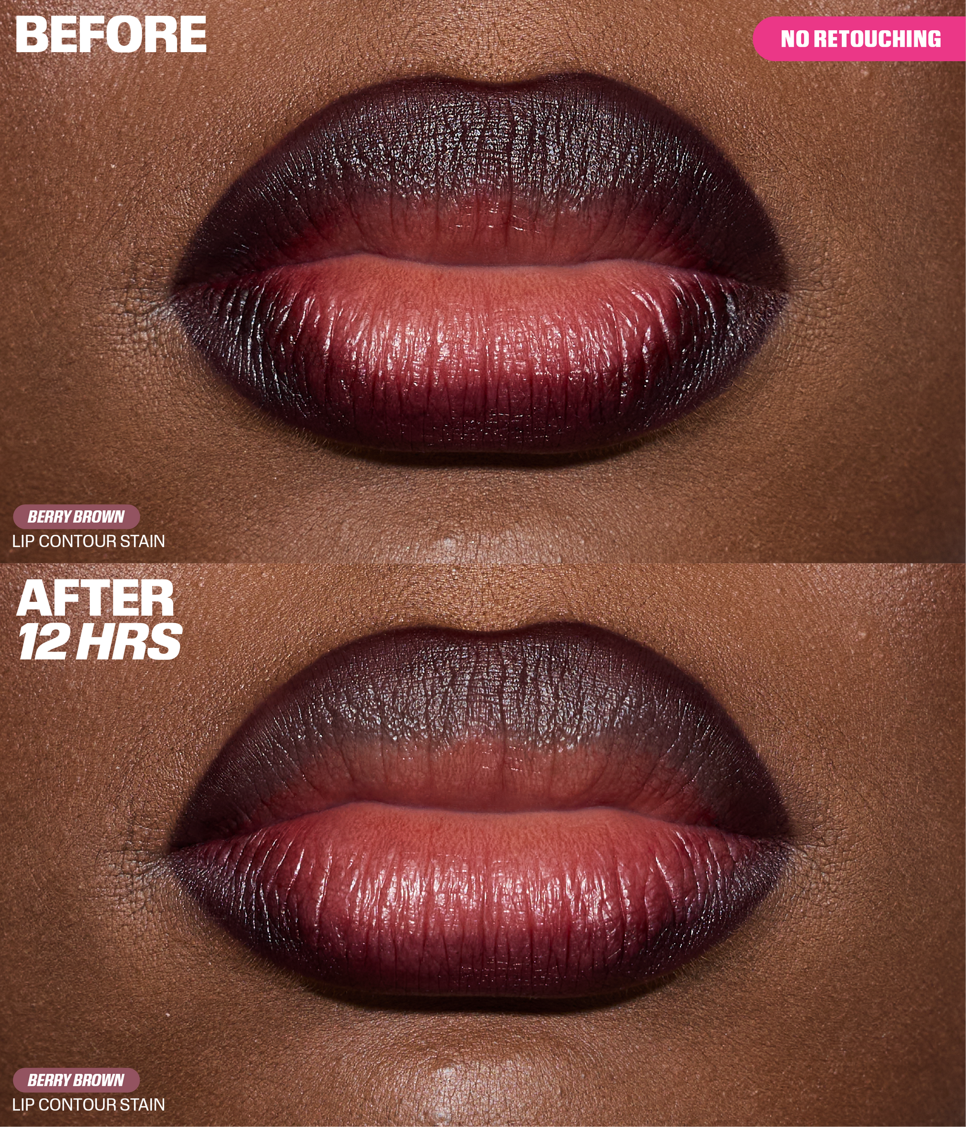 Lip Contour Lip Stain For 12-Hour Wear - Berry Brown Before & After - no retouching