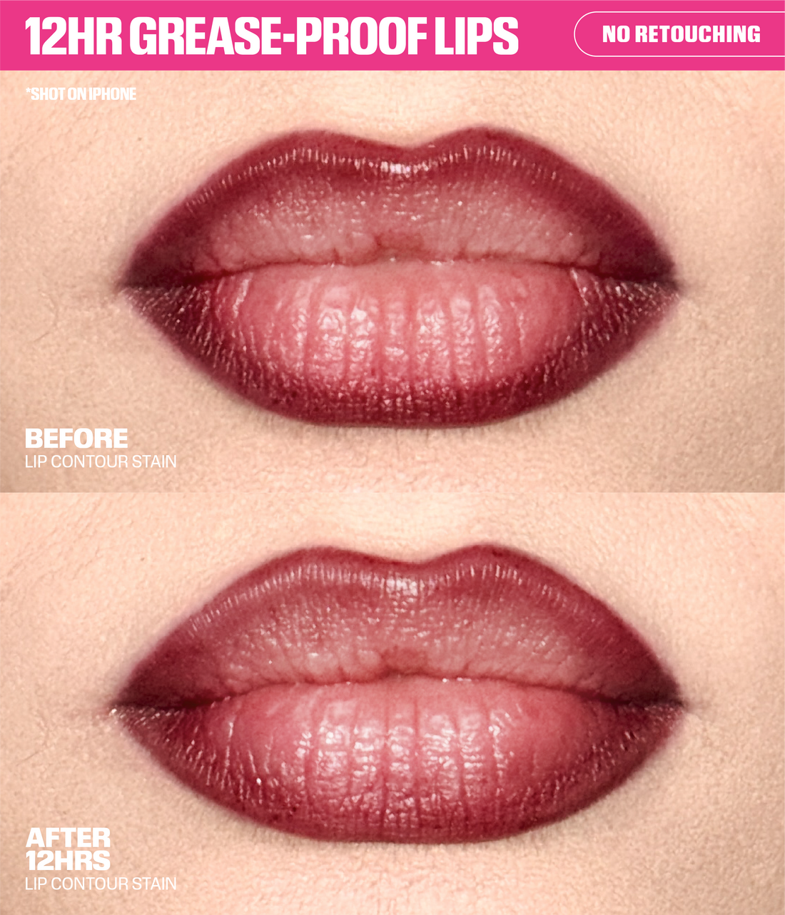 Lip Contour Lip Stain For 12-Hour Wear - Rosy Mauve Before & After - no retouching - 12H Grease-Proof Lips