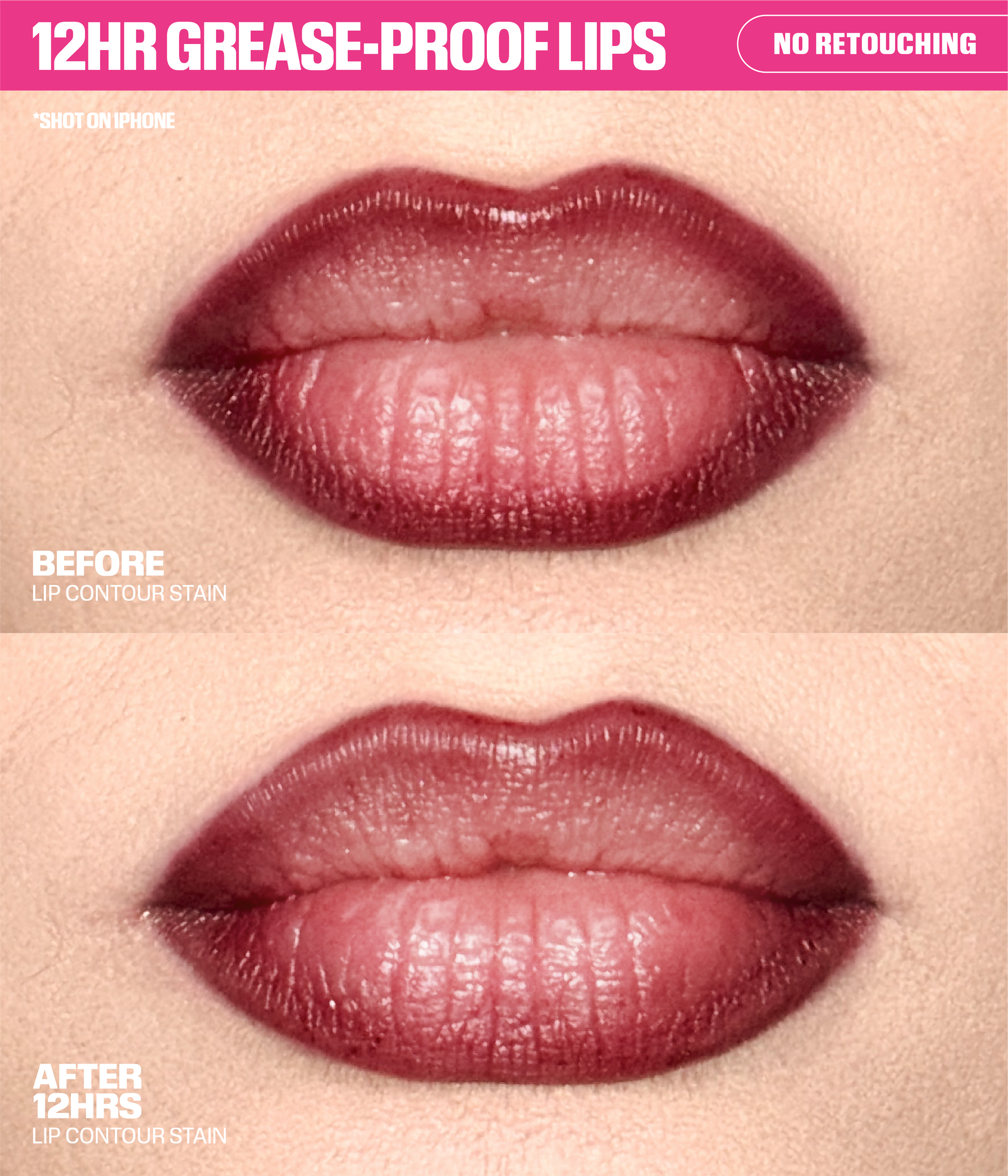 Lip Contour Lip Stain For 12-Hour Wear - Rosy Mauve Before & After - no retouching - 12H Grease-Proof Lips