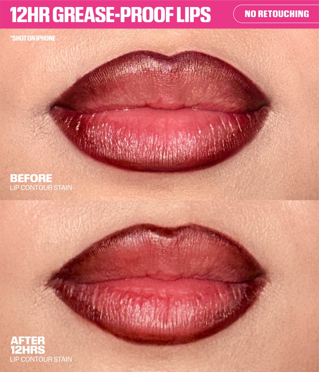 Lip Contour Lip Stain For 12-Hour Wear - Mocha Before & After - no retouching - 12H Grease-Proof Lips