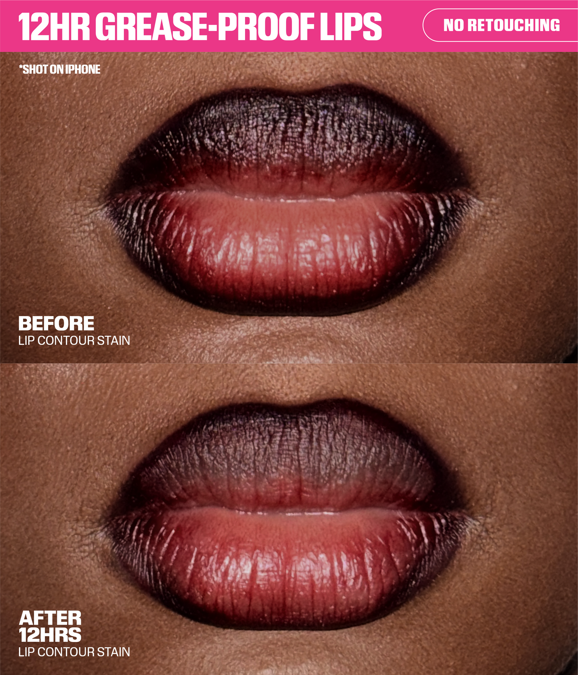 Lip Contour Lip Stain For 12-Hour Wear - Berry Brown Before & After - no retouching - 12H Grease-Proof Lips