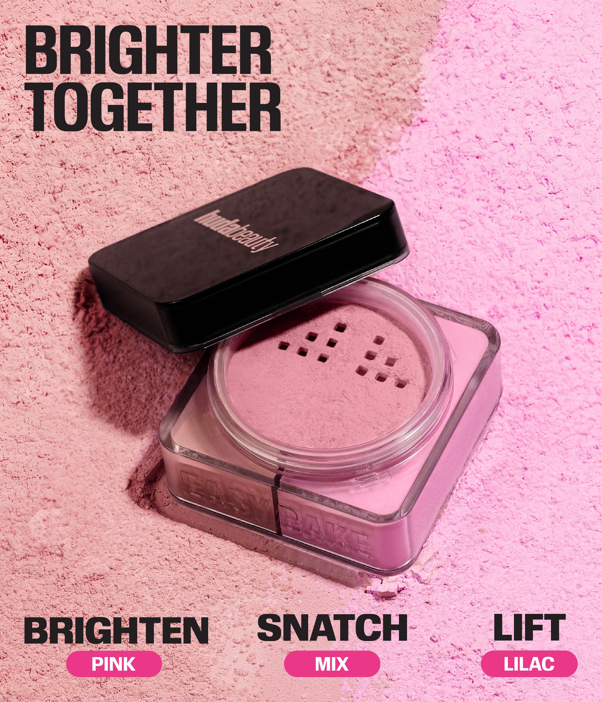 Huda Beauty Easy Bake loose setting powder – Brighten Pink, Snatch Mix, Lift Lilac shades on powder-textured background