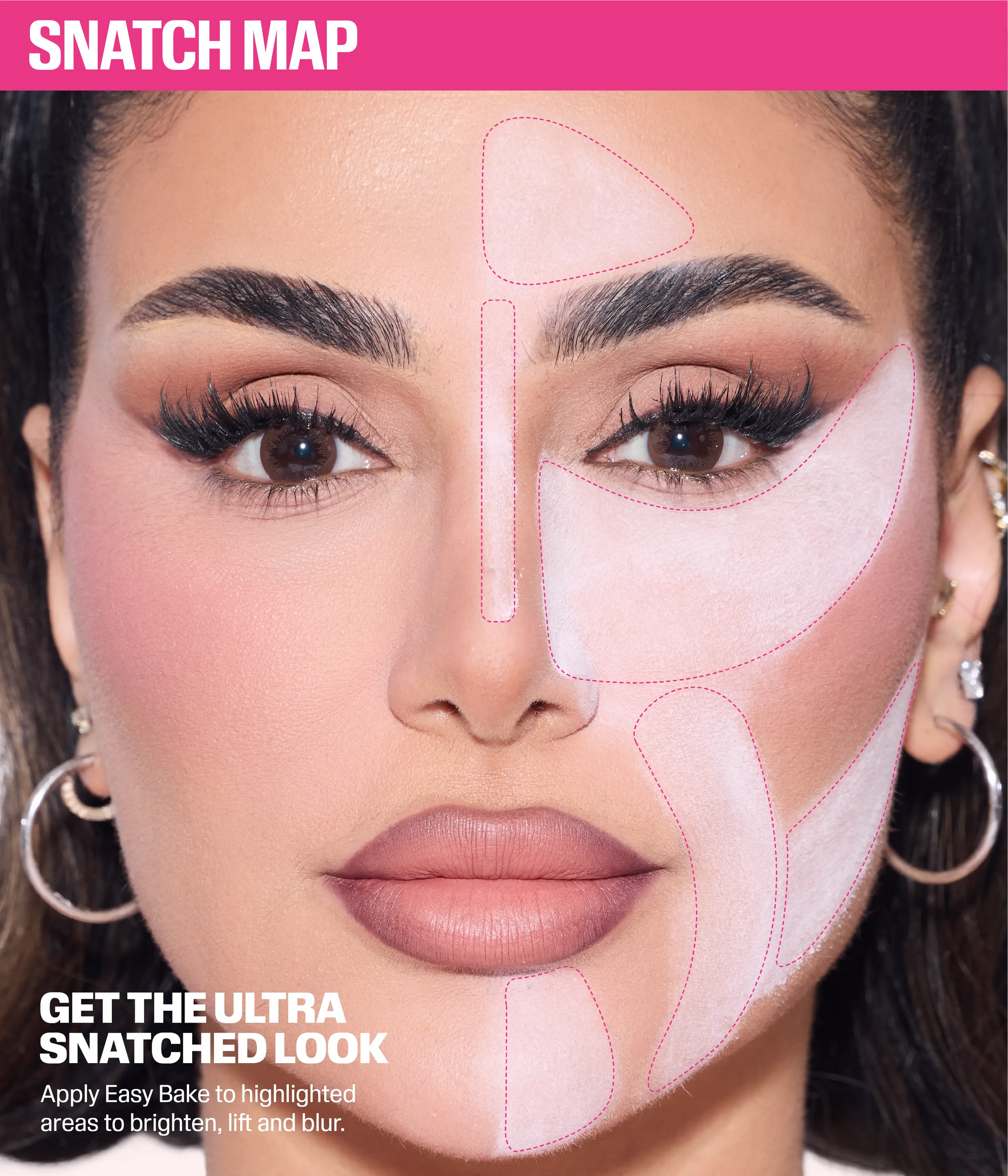 Huda Beauty Easy Bake Snatch Map – application diagram showing where to apply setting powder to brighten, lift, and blur for the ultra-snatched look