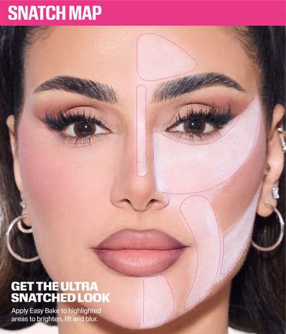 Huda Beauty Easy Bake Snatch Map – application diagram showing where to apply setting powder to brighten, lift, and blur for the ultra-snatched look