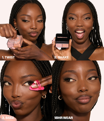 Huda Beauty Easy Bake how to use steps – Twist, Shake, Bake application with pink puff, and final 18hr wear finished look on model