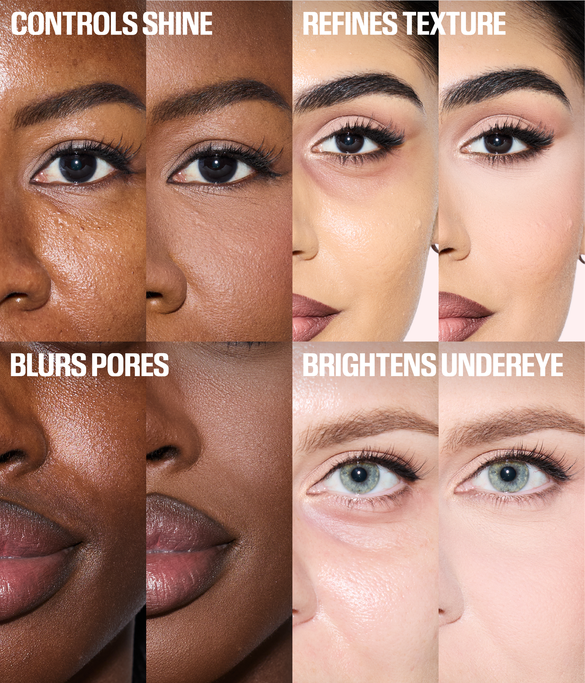 Huda Beauty Easy Bake before and after benefits grid – controls shine, refines texture, blurs pores, and brightens undereye across different skin tones