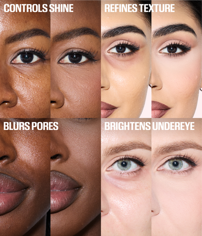 Huda Beauty Easy Bake before and after benefits grid – controls shine, refines texture, blurs pores, and brightens undereye across different skin tones
