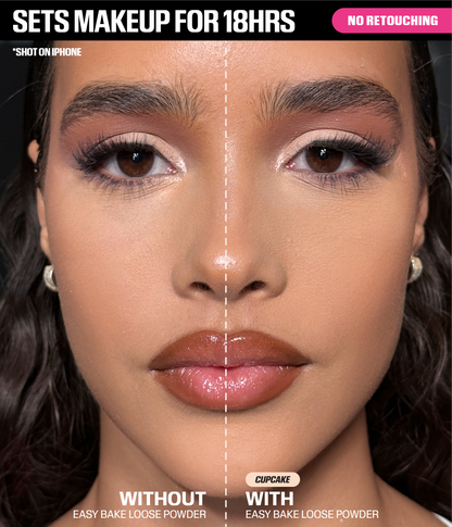 Huda Beauty Easy Bake Loose Powder before and after comparison – sets makeup for 18hrs, no retouching, shot on iPhone, Cupcake shade