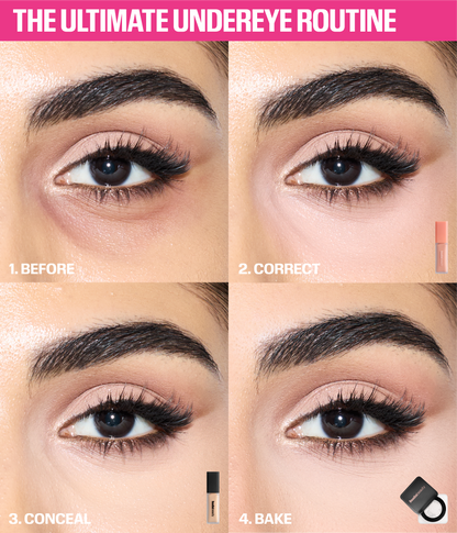 Huda Beauty ultimate undereye routine – 4-step before, correct, conceal, bake process using color corrector, concealer, and Easy Bake powder