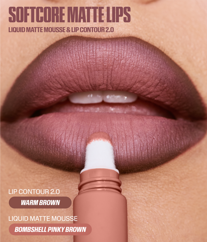 Softcore matte lips using Liquid Matte Mousse in Bombshell Pinky Brown and Lip Contour 2.0 in Warm Brown