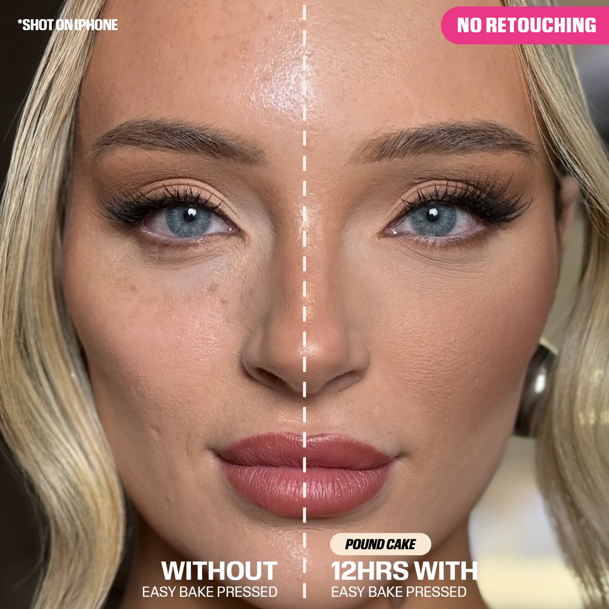 Huda Beauty model wearing Easy Bake Pressed Powder in Pound Cake, split face with 'Without' on one side and '12hrs with' on the other, labeled 'Shot on iPhone' and 'No retouching'