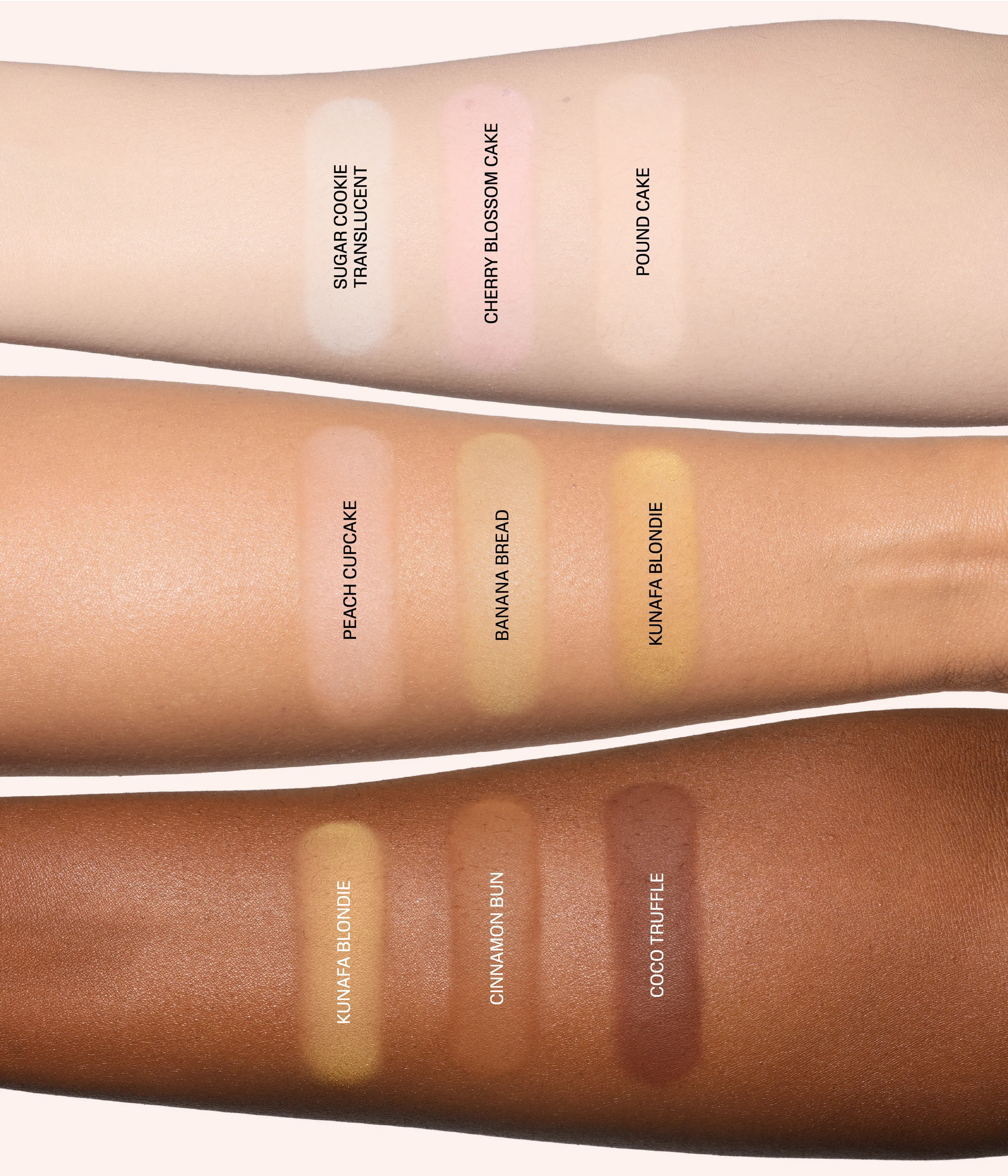 Easy Bake Pressed Phone Grip arm swatches showing shades across different skin tones.