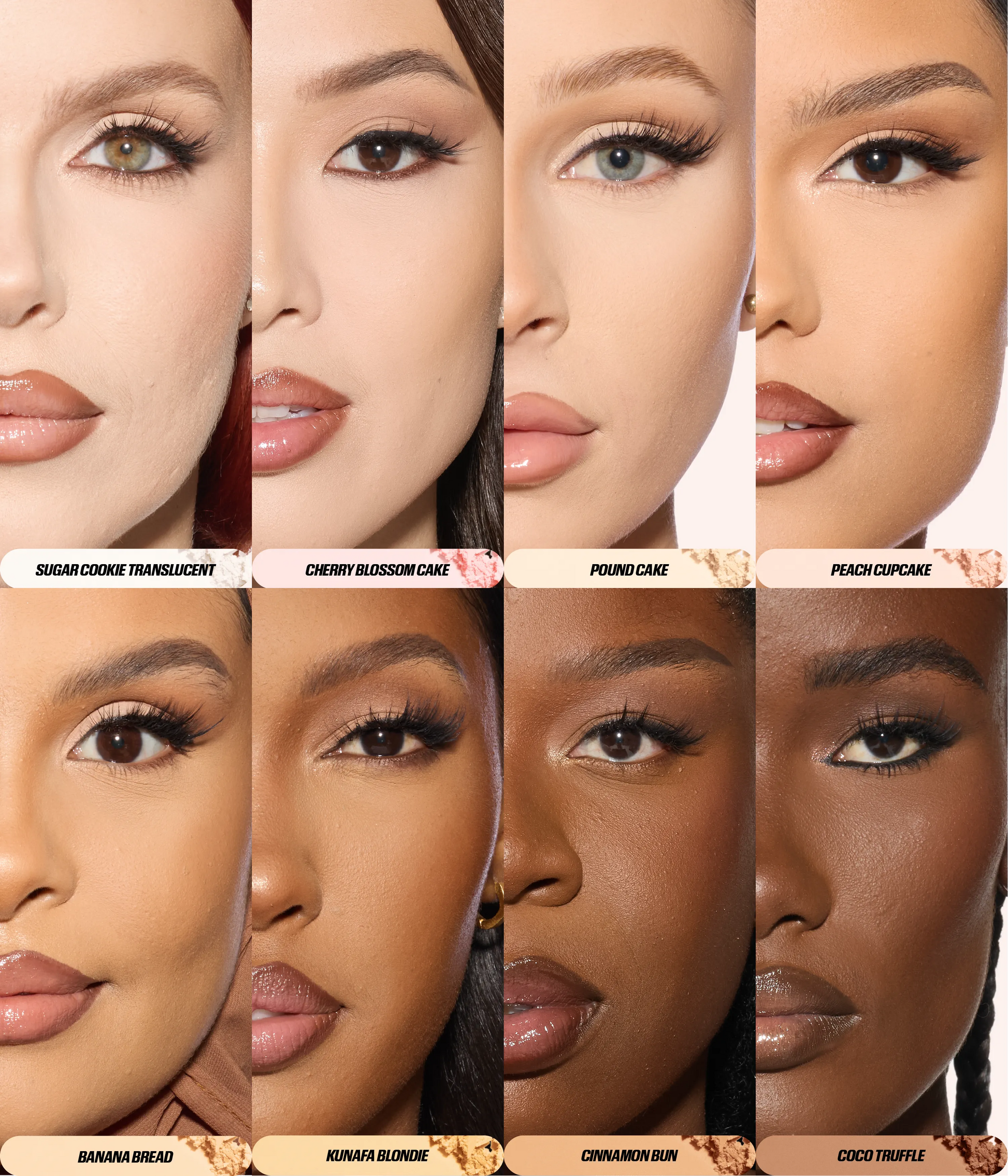 Easy Bake Pressed Phone Grip shade finder showing the pressed powder across multiple skin tones.