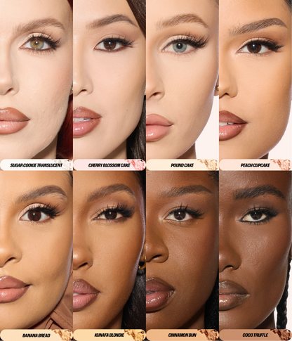 Easy Bake Pressed Phone Grip shade finder showing the pressed powder across multiple skin tones.