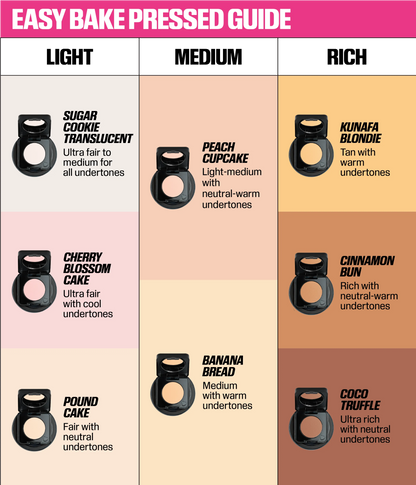 Easy Bake Pressed Powder Phone Grip shade swatches across skin tones